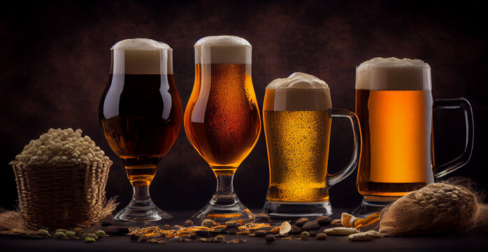 Many different types of beer in mugs and glasses - AI generated image