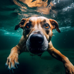 Underwater funny photo of golden labrador retriever puppy in swimming pool play with fun - jumping, diving deep down. Actions, training games with family pets created with Generative AI technology.
