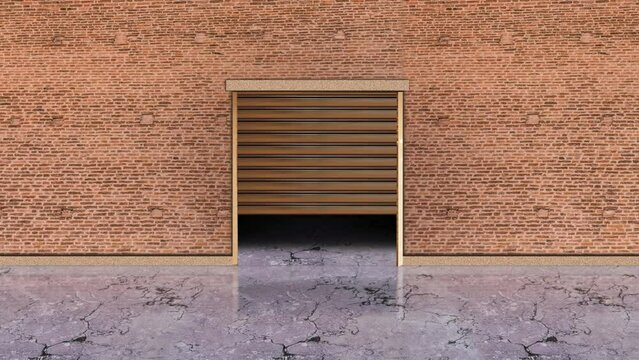 Wooden gate shutter lifts up show dark space in storehouse