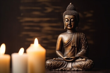 Buddha statue with Candle light, Buddha purnima Vesak day background, Generative AI