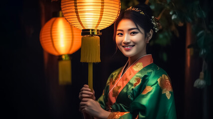 Asian woman stands next to a vintage lantern on a dark night, dressed in a traditional dark green gown and standing in front of a historic building.  generative AI