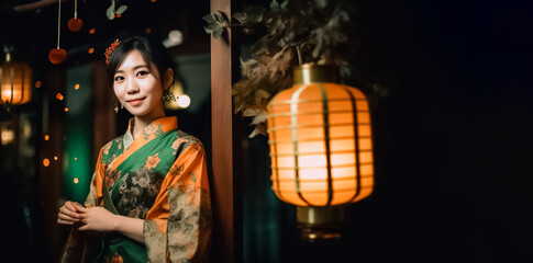 Asian woman stands next to a vintage lantern on a dark night, dressed in a traditional dark green gown and standing in front of a historic building.  generative AI