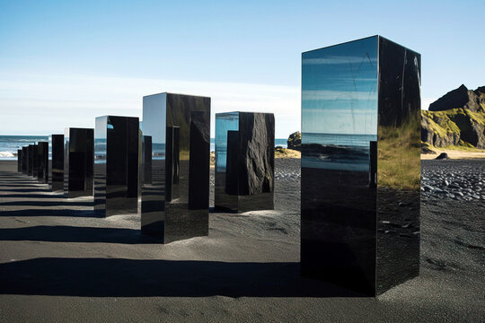 Mirror rectangular prisms on beach. Digitally generated AI image
