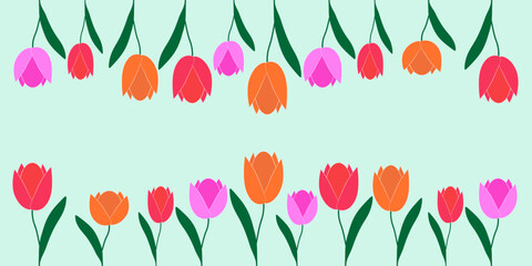 colorful blooming tulips on a light background. Cover of the site, children's book. Decorative textiles