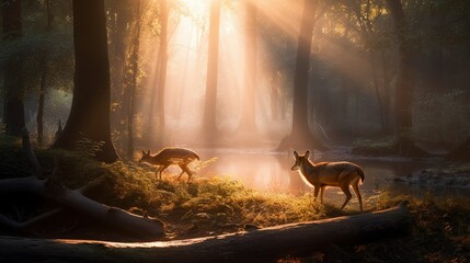 Wild life illustration of an innocent deer eating and drinking and a curious fox peeking in a forest. Generative AI. 