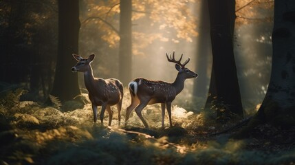 Beautiful illustration of two deers in the forest. Generative AI.