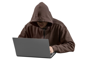 Man hacker in the hood typing on a laptop