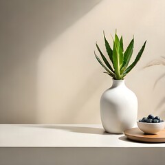 A cutting edge white vase with green plant, wooden plate on stone counter table with space in daylight, leaf shadow on beige stucco cement divider for insides plan beautification, item show foundation