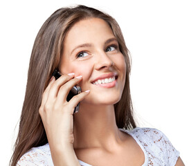 Fototapeta premium Pretty young woman using mobile isolated on white background