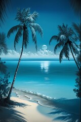 Tranquil blue sea with clear skies and palm trees