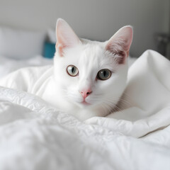 Adorable little gray cat peeks out from under the covers. Funny grey cat hides under white blanket created with Generative AI technology.