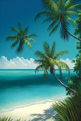 Fototapeta na wymiar Tranquil blue sea with clear skies and palm trees