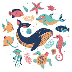 Cartoon sea animals. Inhabitants of the sea world, cute, funny underwater creatures dolphin, seahorse,whale, turtle, jellyfish.Set of underwater marine life vector illustrations.
