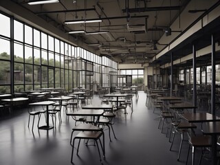 Fototapeta na wymiar A cafeteria with empty tables and chairs