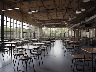 A cafeteria with empty tables and chairs