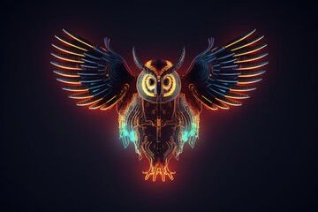 Image of an owl flapping wings with light that is in the digital world on a dark background. Birds. Wildlife Animals. Illustration, generative AI..