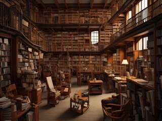 A library with shelves of books and reading areas