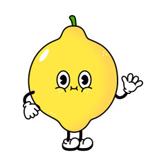 Cute funny Lemon waving hand character. Vector hand drawn traditional cartoon vintage, retro, kawaii character illustration icon. Isolated on white background. Lemon character concept