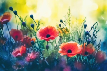 Obraz na płótnie Canvas poppies in the field, watercolor-ai