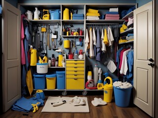 A janitor's closet with cleaning supplies and equipment