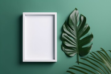 Minimalist nature concept with white frame on green leaf background. Lay flat. Generative AI