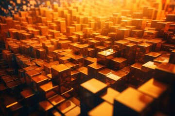 Neatly ordered 3D blocks in orange and yellow create an abstract tech backdrop. Copy space included. 3D render. Generative AI