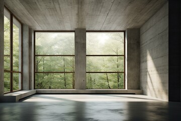 3D depiction of vacant concrete room; big window on natural backdrop; room for showcasing product. Generative AI