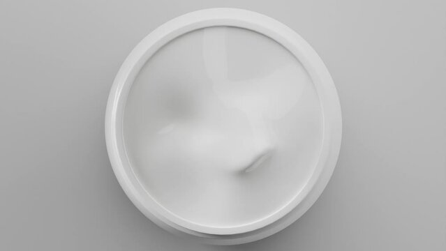 Glossy cosmetic jar with cream on grey background. Bottle rotates. Women's cosmetics skincare. Realistic 3d animation top view.