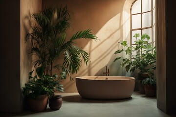 Minimal Mediterranean bathroom with earthy tones, bathtub, and palm plant. Generative AI