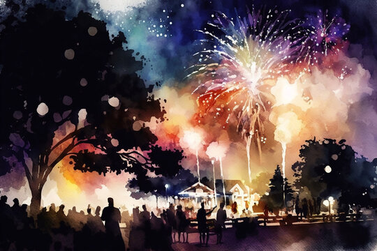 Fireworks on the Fourth of July, Summer, watercolor style Generative AI
