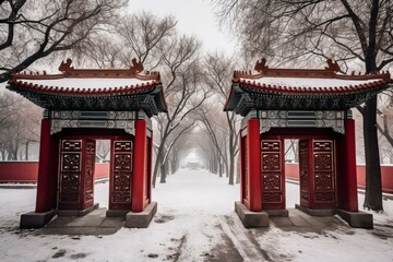 Winter scene of traditional Chinese red gates. Cultural arts and architecture of Asia. Generative AI