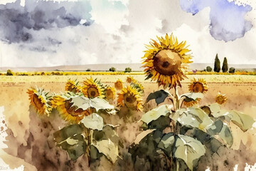 Sunflowers in a field, Summer, watercolor style Generative AI