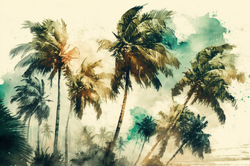 Palm trees swaying in the breeze, Summer, watercolor style Generative AI