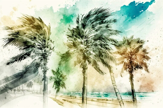 Palm trees swaying in the breeze, Summer, watercolor style Generative AI
