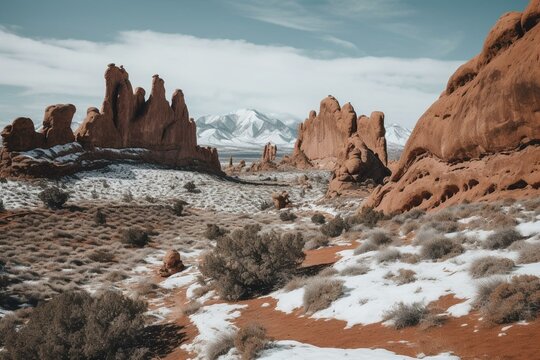 Rock formations and snowy mountains afar in Arches NP. Generative AI