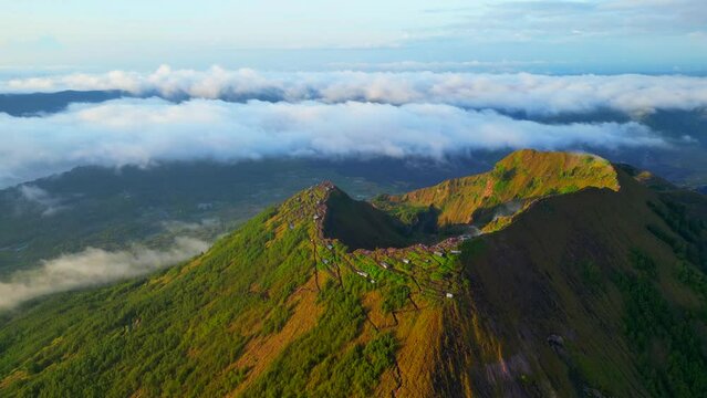 Mount Batur.
Mount Batur is an active volcano located at the center of two concentric calderas north west of Mount Agung on the island of Bali, Indonesia.