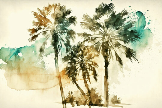 Palm trees swaying in the breeze, Summer, watercolor style Generative AI © Nati