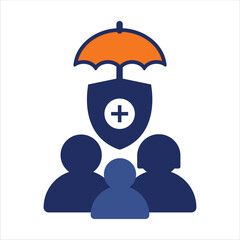family and group insurance plan with shield icon  blue and orange insurance flat icon