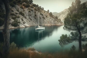 Scenic lake with sailboat in fantastic landscape. Generative AI