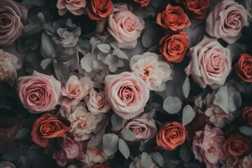 Grey wallpaper adorned with pink roses. Generative AI