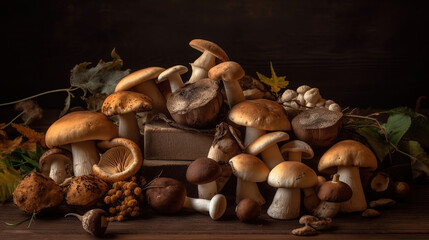 Variety of uncooked wild forest mushrooms yellow boletus, birch mushrooms, russules over dark textured background. Rustic style, natural day light. Top view, food background, generative ai