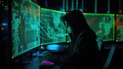 people working in virtual environments for cyber security, neon colors security screen, overlooking the app,  protection of private information and data concept. Firewall from hacker attack
