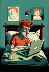 Man or woman working remotely from home, from the bed with laptop computer. Freelance job. Busy remote worker lying in bed with laptop. Work overload concept. 