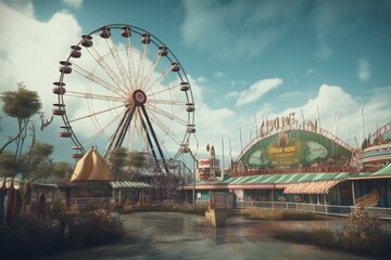 Vintage amusement park with Ferris wheel under cloudy skies. Rendered 3D illustration. Generative AI