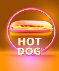 Bright neon poster with a hot dog on a warm background for menus, presentations, websites, etc.
