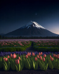 Fuji mountain with flowers, Illustration by Generative Ai