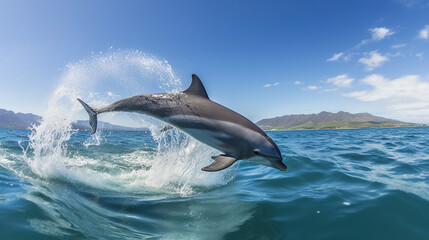 Dolphins jumping out of sea with clear blue water on sunny day, generative ai