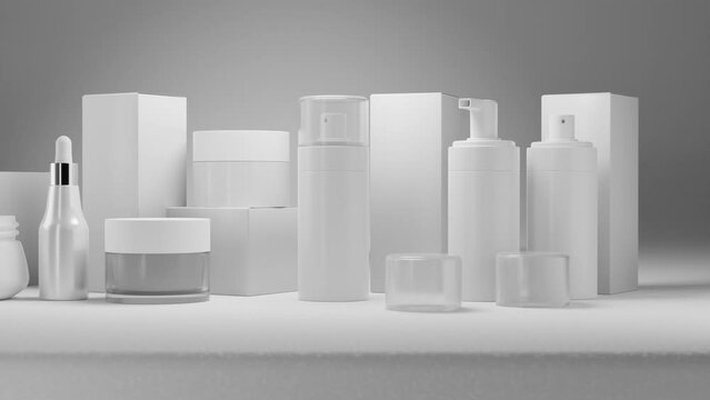 Jars, bottles and tubes for cosmetics on a grey background. Camera moves. Packaging for cream, gel, serum, advertising and product promotion. Realistic 3d animation. 4k.