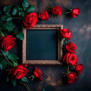 Red and white roses with a photo frame for Valentine's Day, marriage proposal engagement, birthday, anniversary, wedding, Mother's Day. created with Generative AI technology.