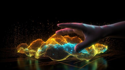 Fototapeta na wymiar artificial intelligence metaverse world data wave and data landscape, data visualization 3d abstract with neon, 3D wave landscape. Data science, particles, digital world, virtual reality, cyberspace,